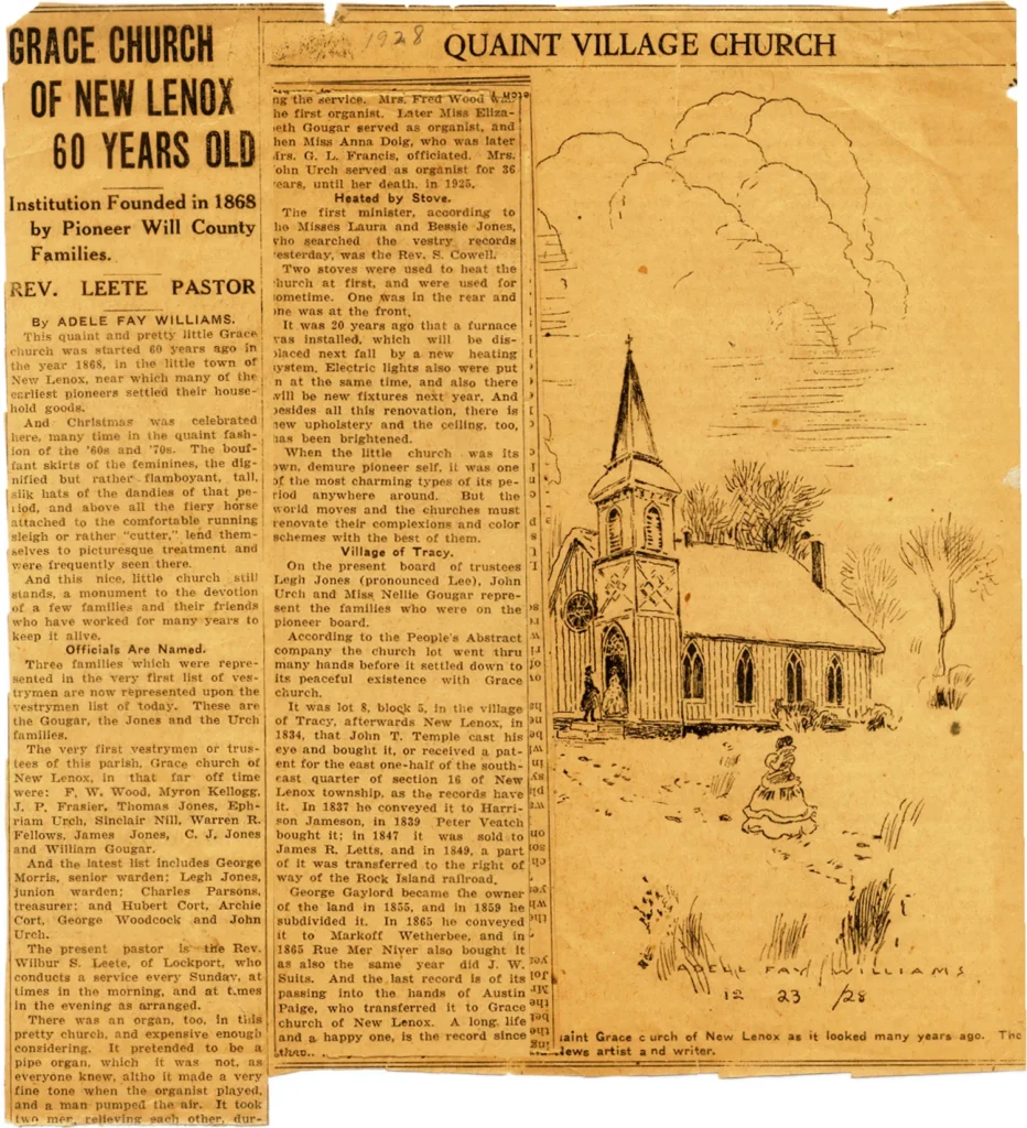 Adele Fay Williams sketched an illustration of the church and wrote this article on the occasion of Grace’s 60th Anniversary year.