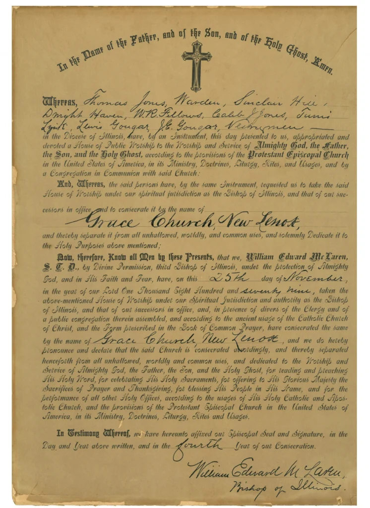 The original proclamation and deed from then-Diocese of Illinois, signed by Bishop William McLaren, November 25, 1879.