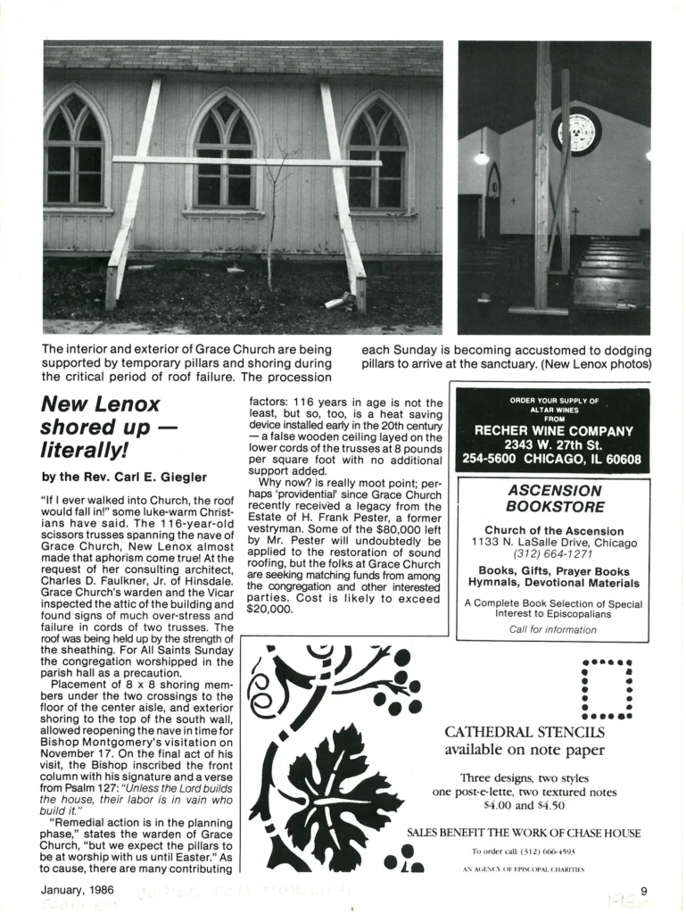 A page from an article in The Advance, a magazine for the Episcopal Diocese of Chicago at the time, which details the work to keep the church standing up after major storm damage. January 1986.