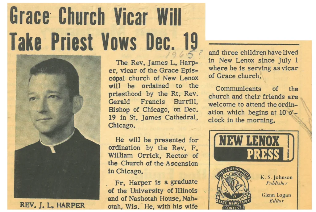 Article from 1965 about Grace Vicar James Harper’s ordination.