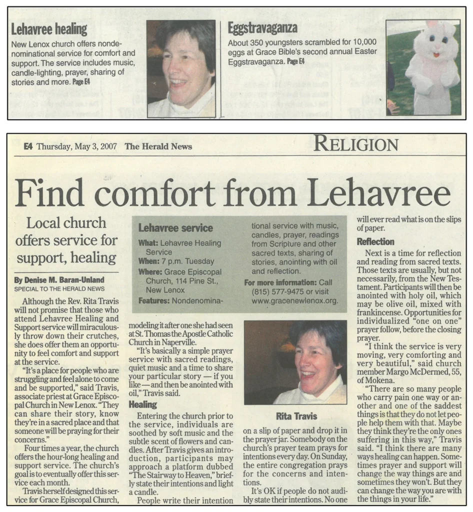 Joliet Herald News article, May 9, 2007, about the Lehavree Healing and Support Service, featuring quotes from the Rev. Rita Travis, associate priest at Grace New Lenox in the mid-2000s.