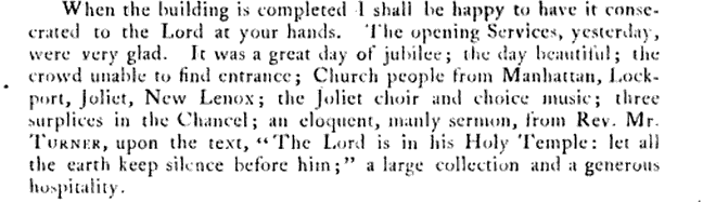 September 12, 1870. Excerpt from The Rev. Sam Cowell’s letter to the Bishop of Illinois, John Whitehouse, attesting to the first service in the new Grace church building.