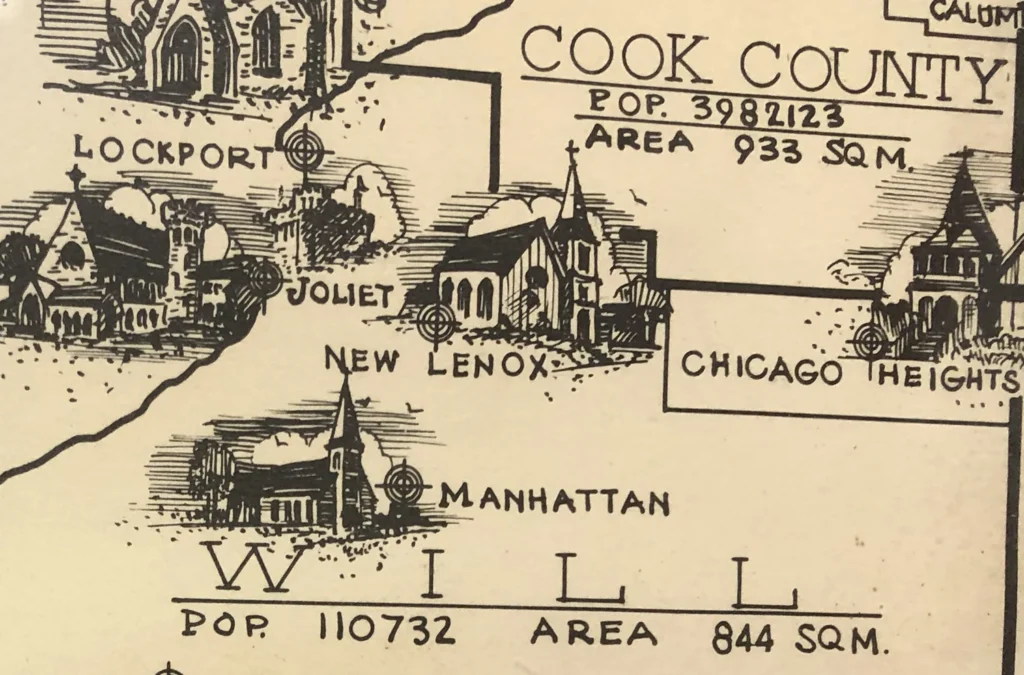 Late 19th Century Illustrated Map of the Diocese of Chicago, zoomed in on the area surrounding and including New Lenox. St. Paul’s Manhattan is visible to the south of Grace Church, although the church was closed in the 1960’s.